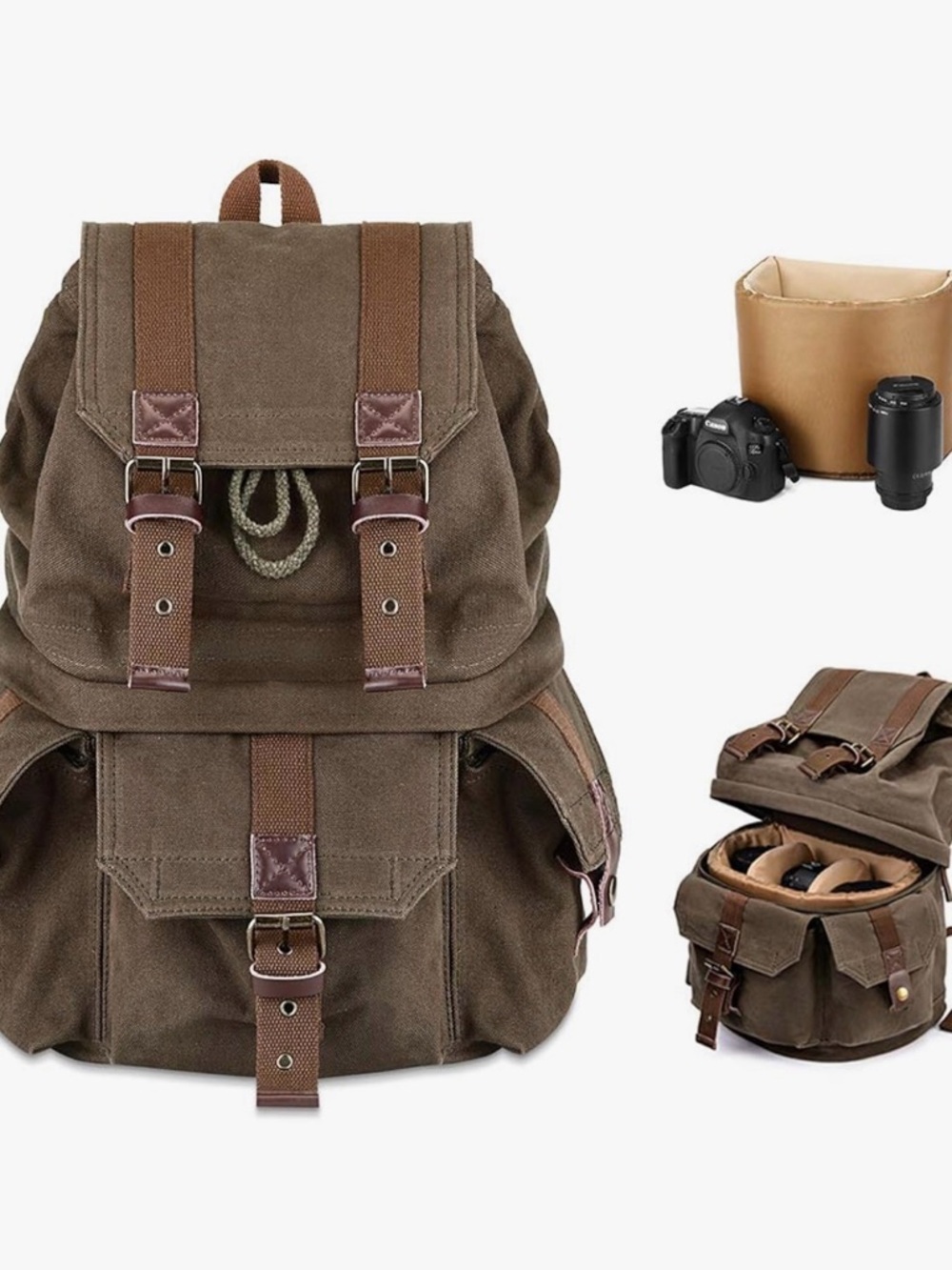 Canvas Camera Backpack for Men - Brown/Green with leather.